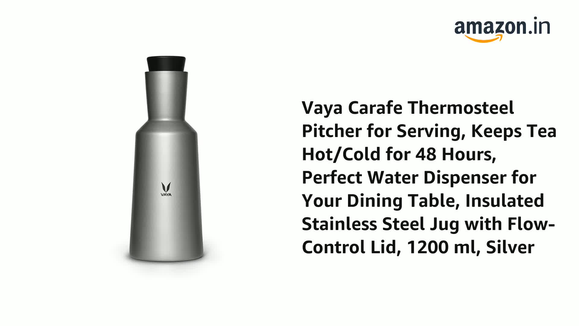 Vaya Carafe Thermosteel Pitcher for Serving, Keeps Tea Hot/Cold